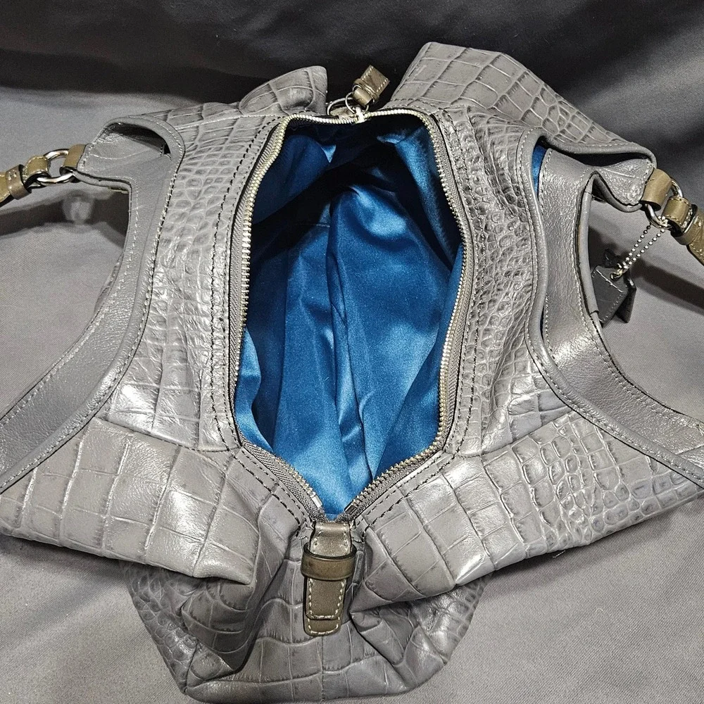 Coach Chelsea Jayden Gray Croc‎ Embossed Leather Hobo Bag 18761 Blue Lining